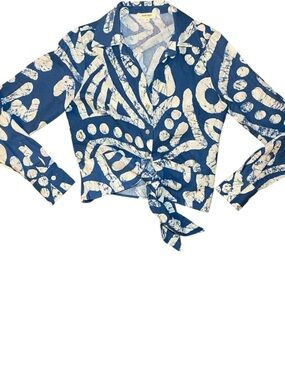 Haute Hippie Blue & White Abstract Cropped Button-Up  Linen Blend  Boho Y2K SM